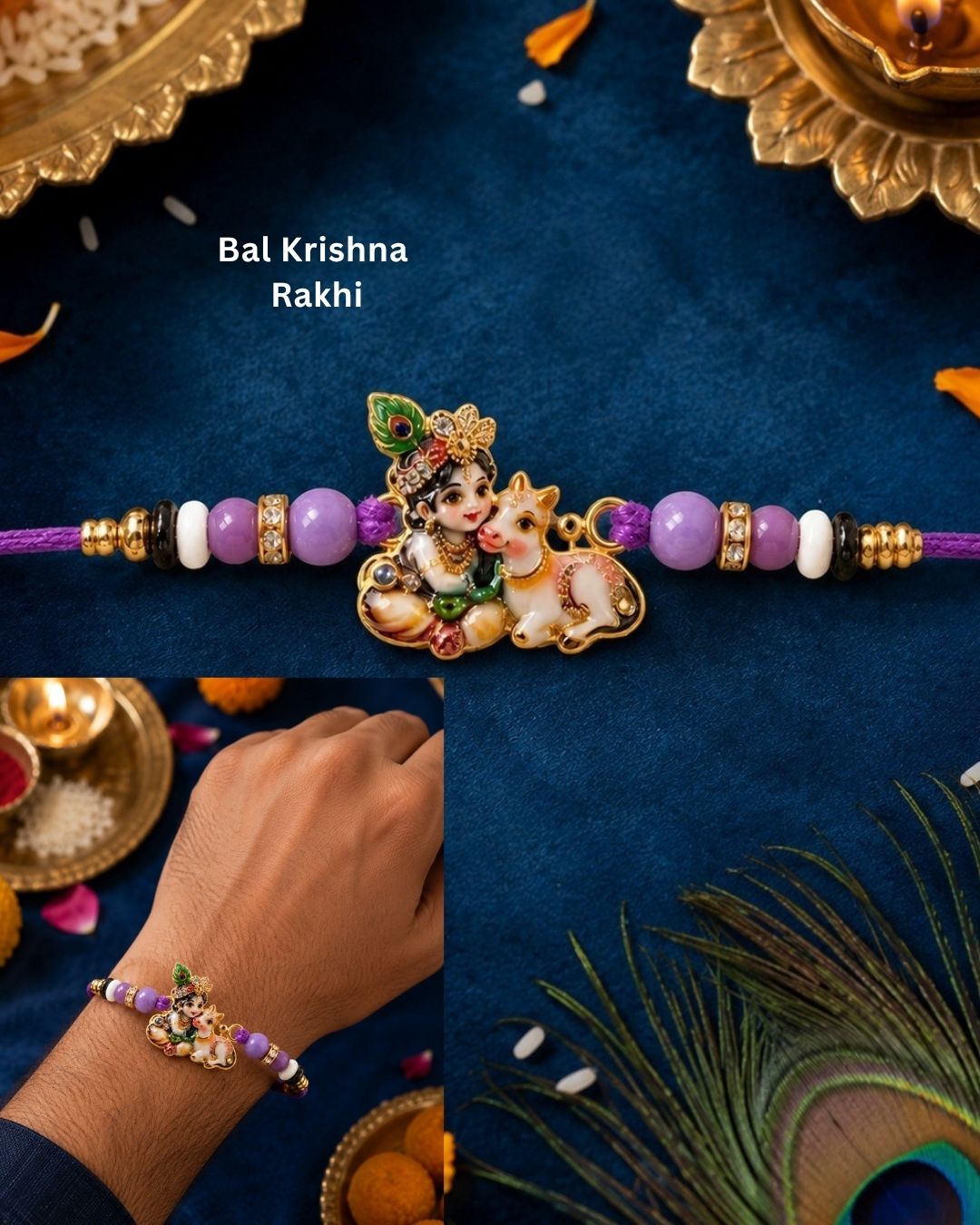 A purple beaded Rakhi bracelet with a central Krishna and child pendant, shown on a dark blue fabric background with decorative gold and peacock feather elements. A smaller inset shows the bracelet worn on a person's wrist.