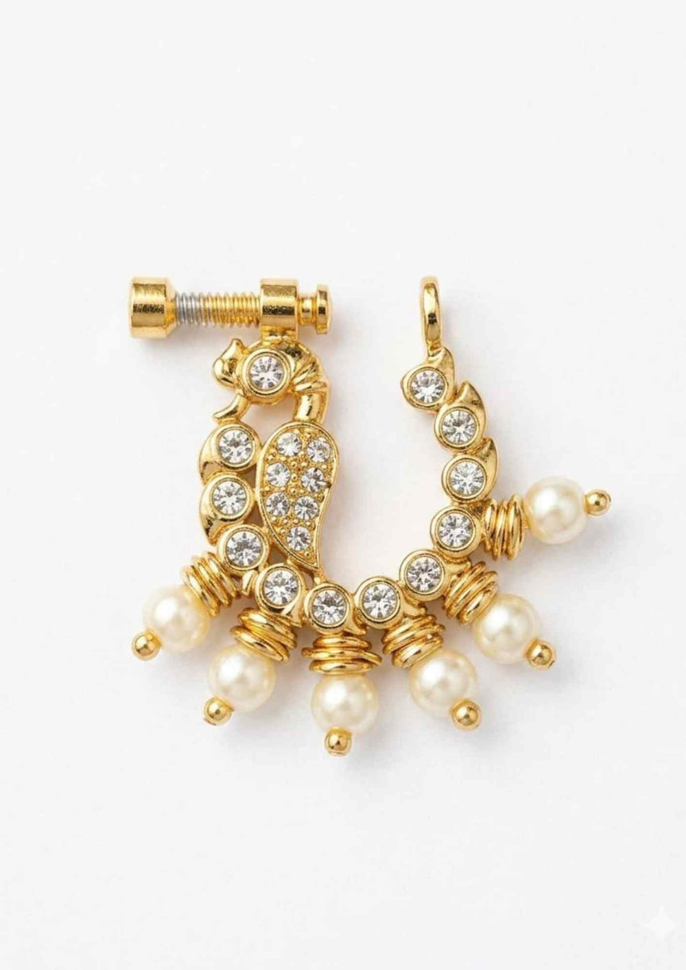 Kundan Pearls Gold Plated Screw Nose Pin / Nath