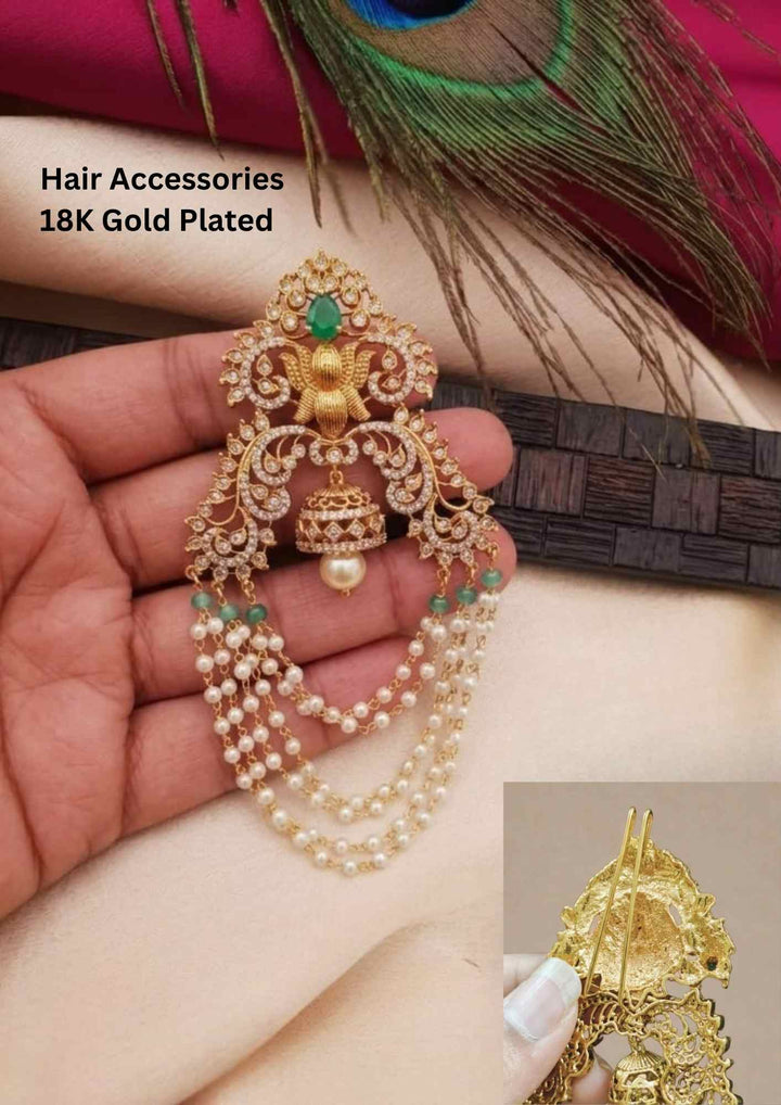 Kundan Gold Plated Emerald Matt Finish Hair Accessories 