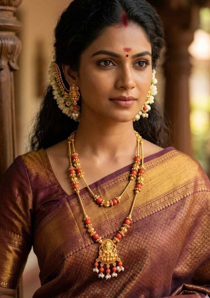 Kundan 18k Gold Plated Coral Beads Laxmi Devi Necklace with Earrings