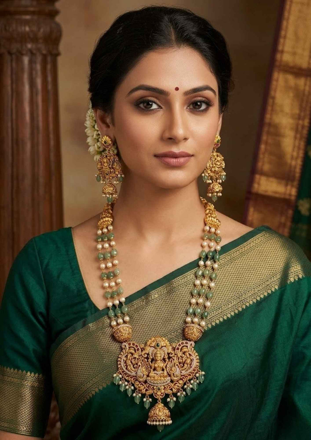 South indian woman wearing the gold-plated beads Laxmi Temple necklace set and matching jhumka earrings. The long necklace features multi-stranded rows of pastel green beads, white pearls and gold pearls to an gold Goddess Laxmi pendant with , peacocks, green, white hanging bead drops. Perfect for bridal wear, weddings, festivals