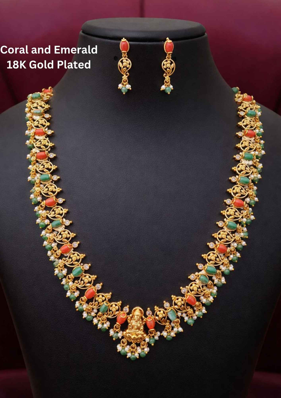 Kundan Gold Plated Laxmi Devi Coral Haram with Earrings