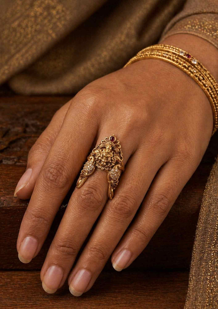 Kundan Gold Plated Temple Lakshmi Devi Adjustable Vanki Finger Ring 