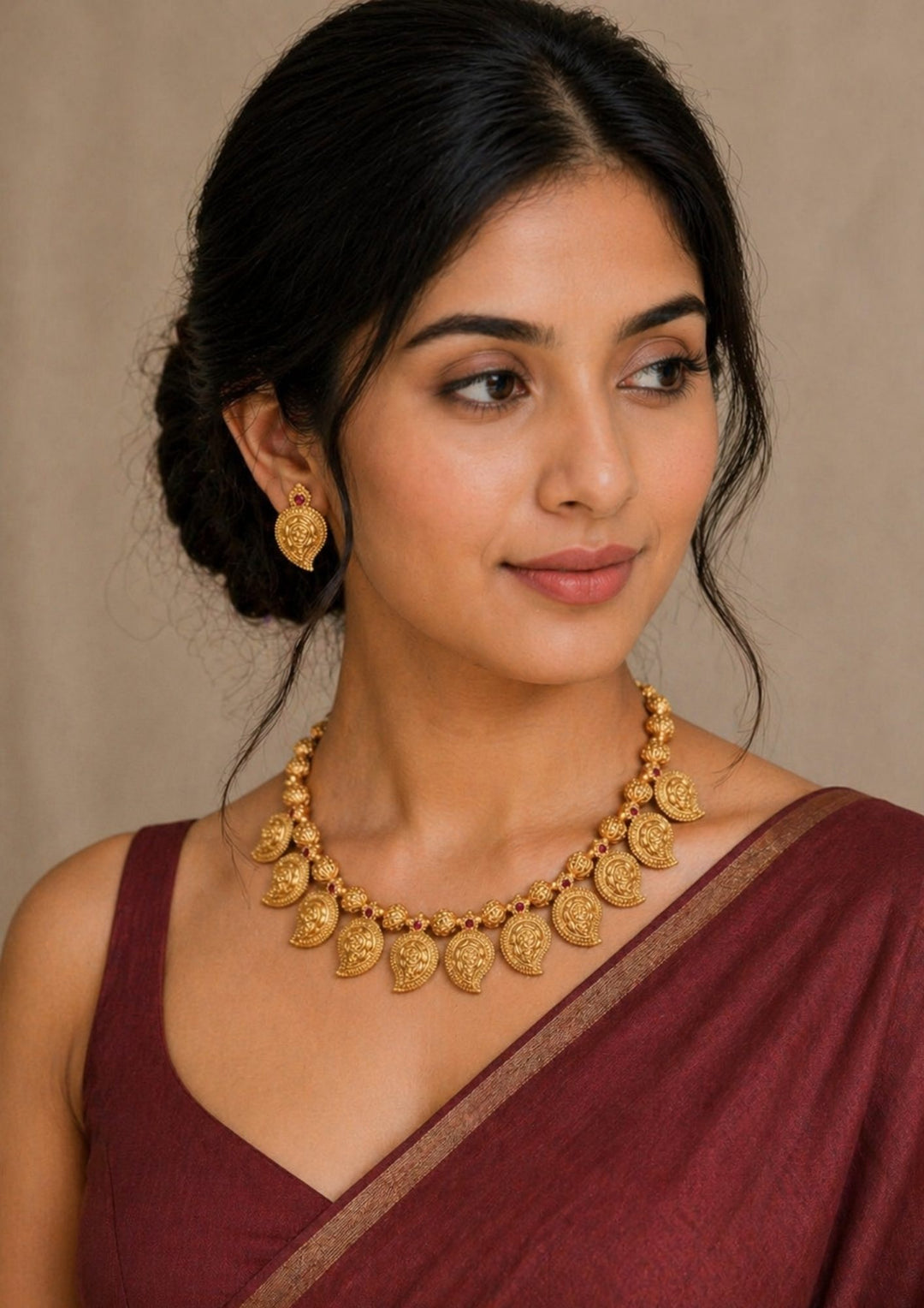 Detailed close-up view of south indian women wearing the festive style gold plated Mango Mala necklace set. The skin-friendly, anti-fade antique gold jewelry set features a traditional heritage design with a matte finish, making it a perfect for temple weddings, and festival celebrations.
