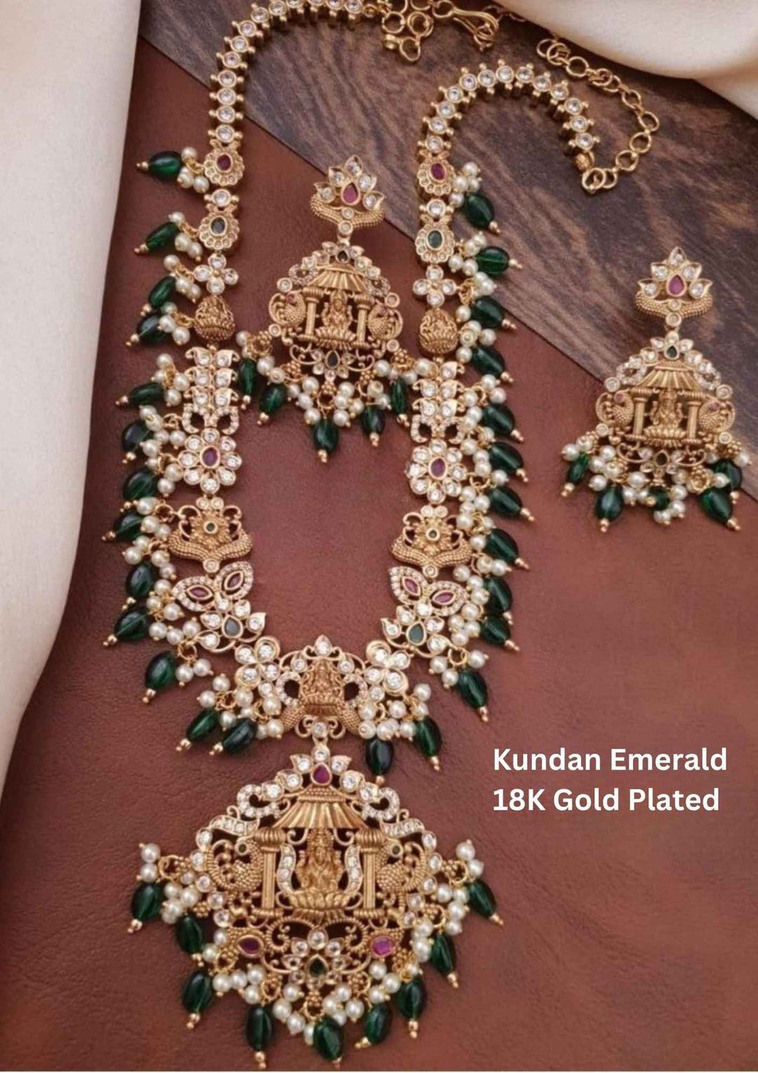 Kundan & Beaded Gold Plated Temple Lakshmi Devi Necklace with Earrings