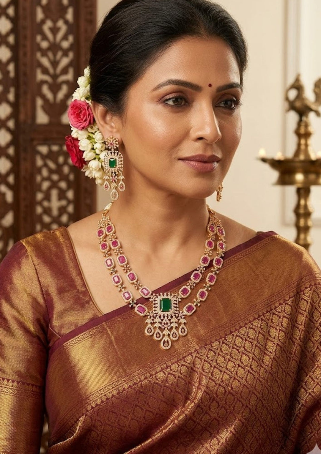 Kundan &amp; Beads Gold Plated Necklace With Earrings Model Pic