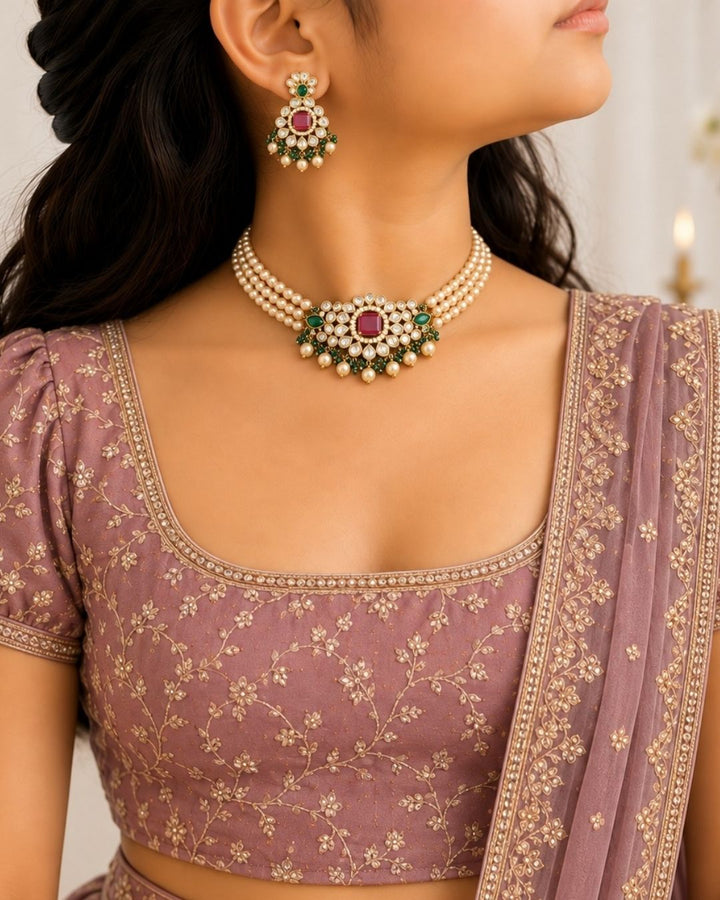 Kundan Gold Plated Beads Choker with Earrings 
