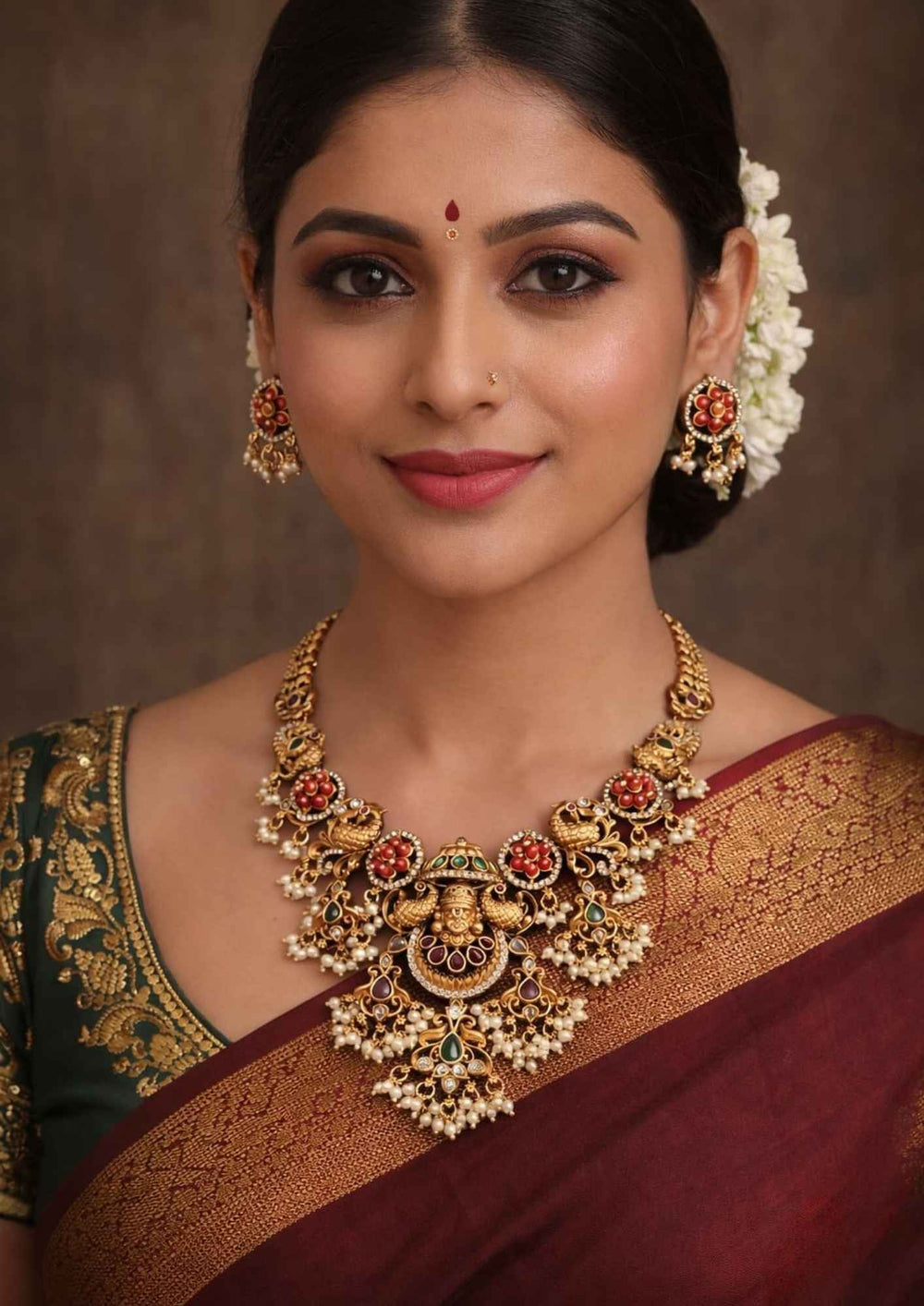 South Indian bride wearing coral beads gold plated Goddess Lakshmi long haar designed with multi-row orange coral beads, a temple pendant, and matching jhumkas that give a graceful traditional and modern look for weddings, festivals, and cultural events with comfortable use and COD available now.