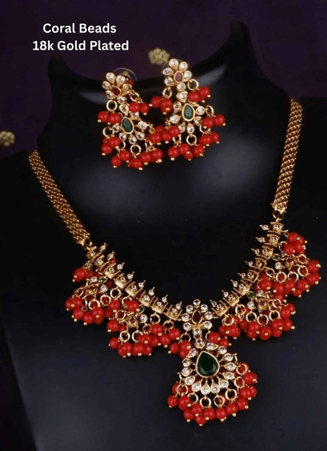 Kundan Coral Gold Plated Beads Necklace With Earrings