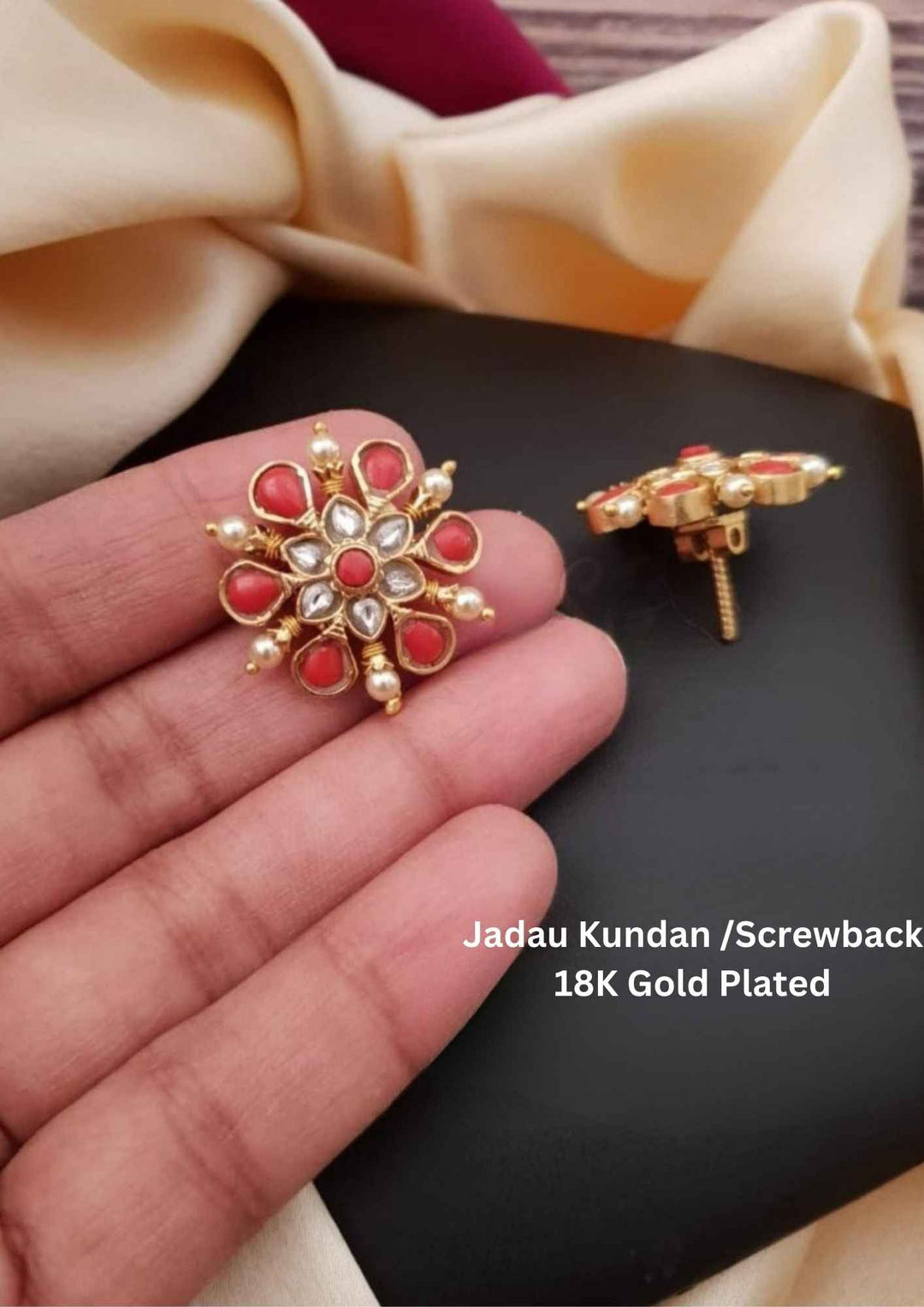 Kundan Coral Screwback Gold Plated Studs