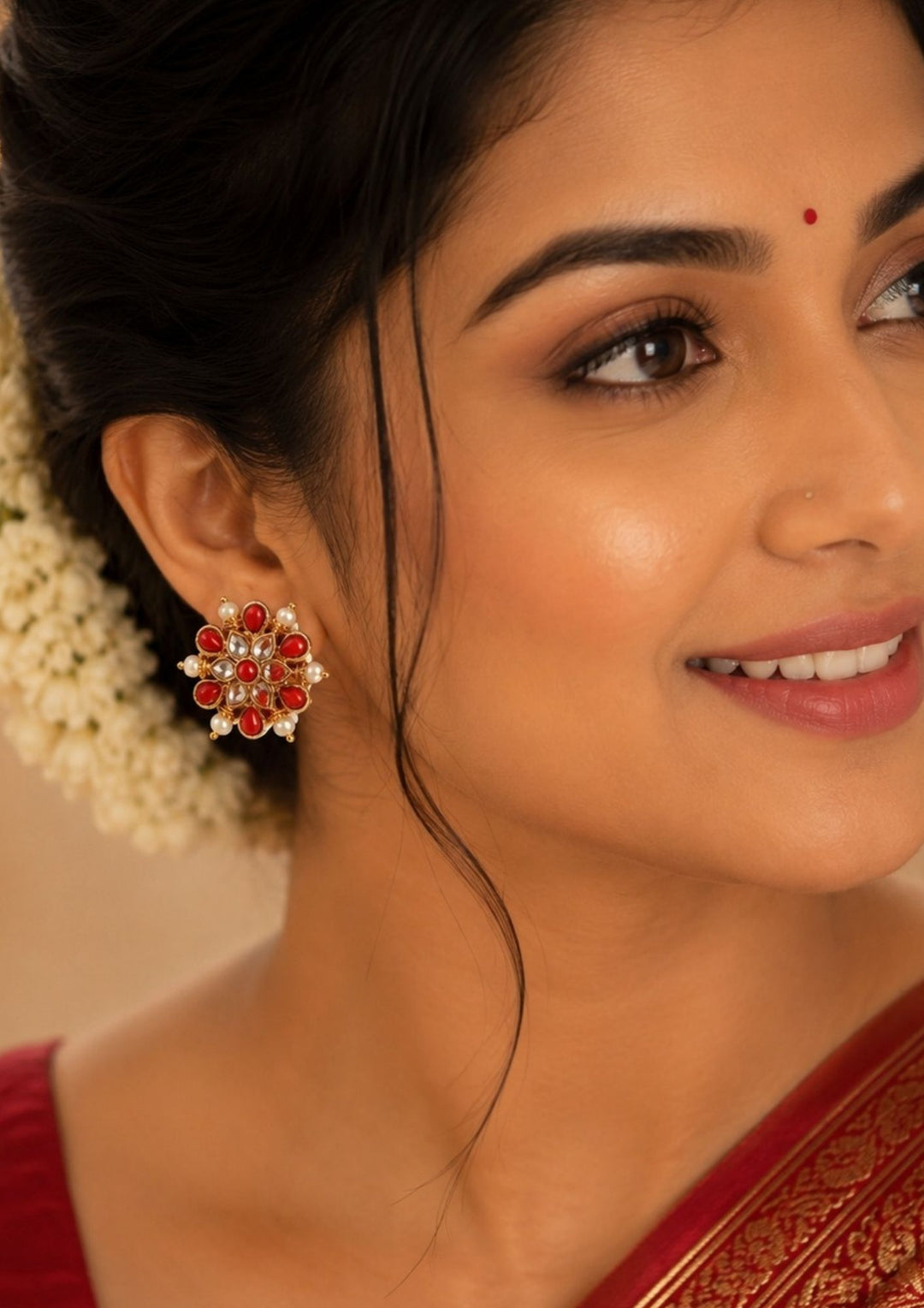 Close up of a south indian women wearing a Premium coral gold plated earrings crafted with intricate floral craftsmanship, radiant red coral stones, brilliant kundan detailing, and pearl embellishments. A timeless jewellery piece that complements silk sarees, lehengas, and festive outfits with effortless elegance.