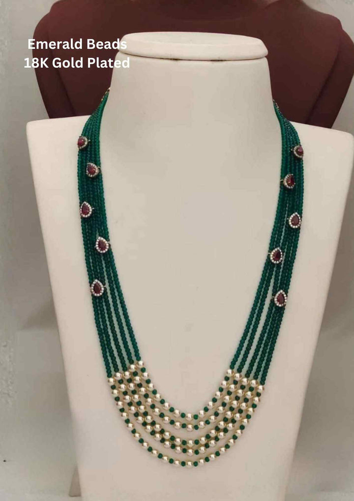 Kundan Emerald Bead & Pearls Gold Plated Necklace
