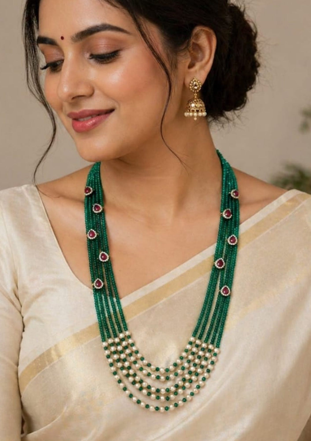 Kundan Emerald Bead & Pearls Gold Plated Necklace