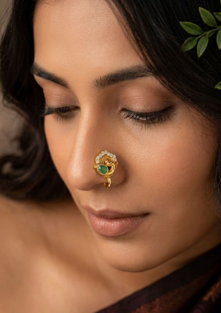 Kundan Gold Plated Emerald Nose Pin/ Nath (No Piercing Needed)