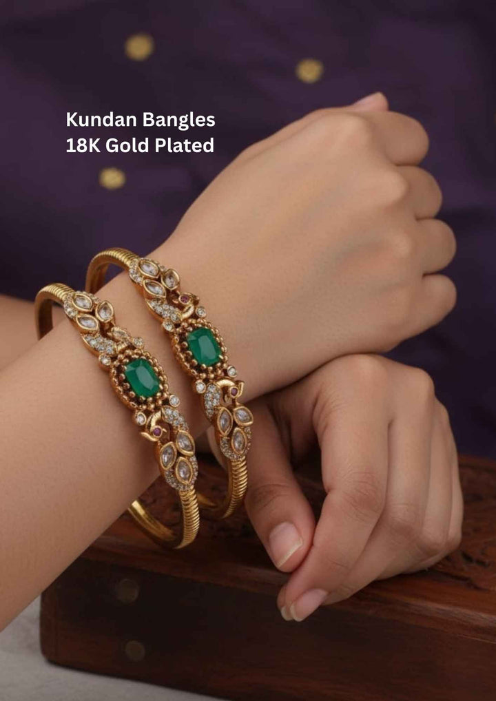 Kundan Bangles with gold plating and green stones