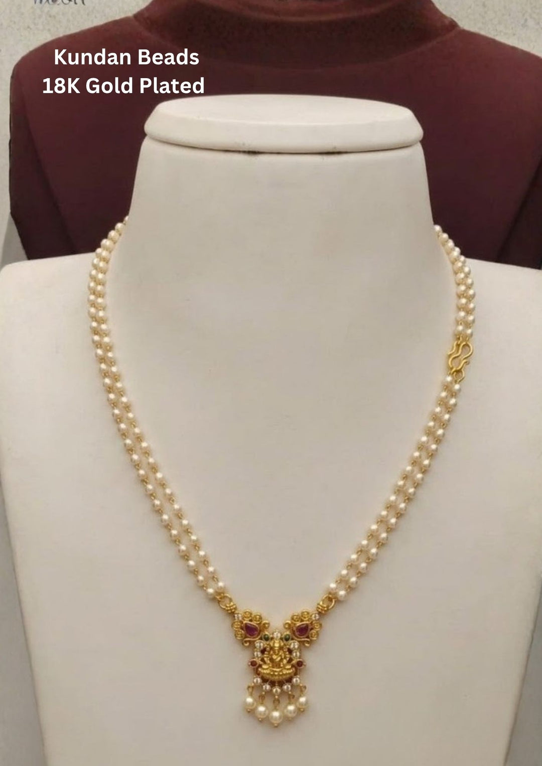 Kundan Gold Plated Beads Pearl Laxmi Devi Temple Double Layer Necklace 