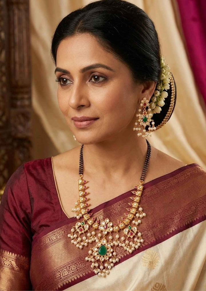 Kundan Gold Plated Beaded Mangalsutra With Earrings