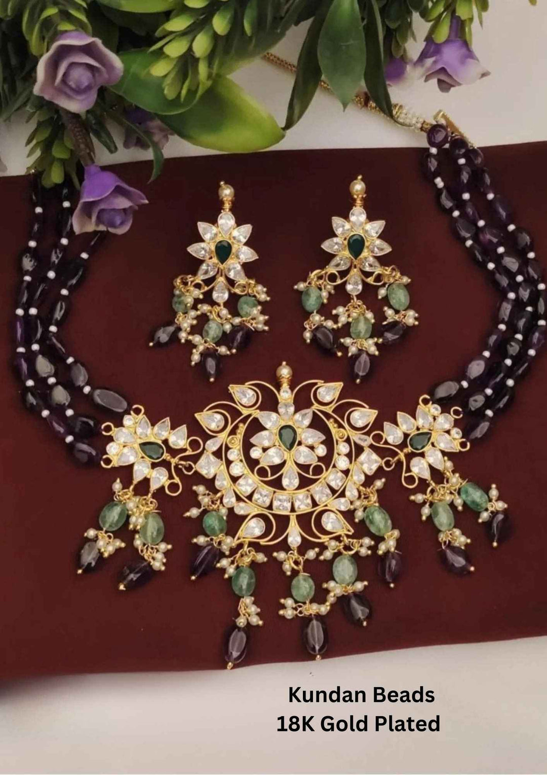Kundan Gold Plated Beads Necklace with Earrings s 280042