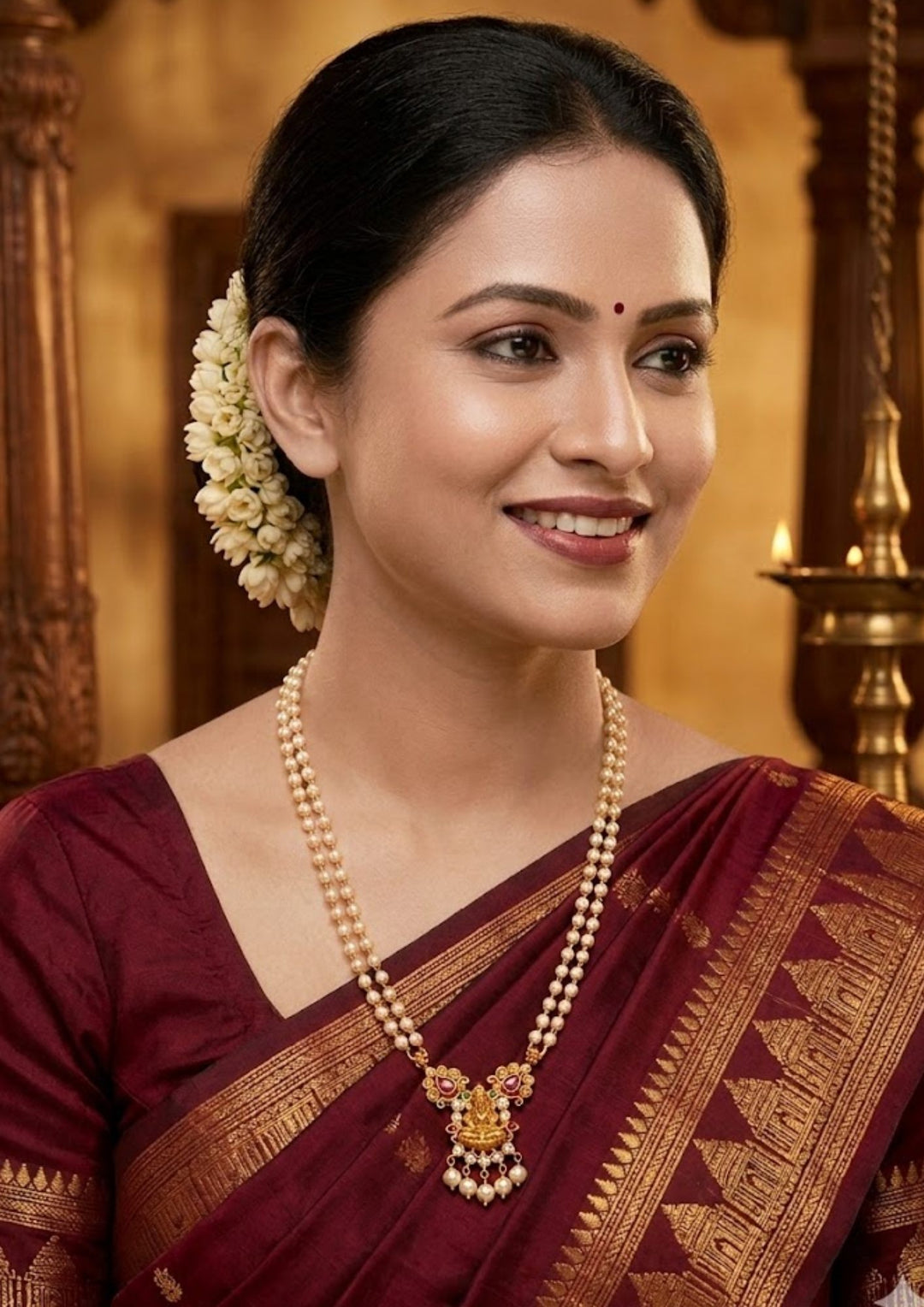 Kundan Gold Plated Beads Pearl Laxmi Devi Temple Double Layer Necklace 