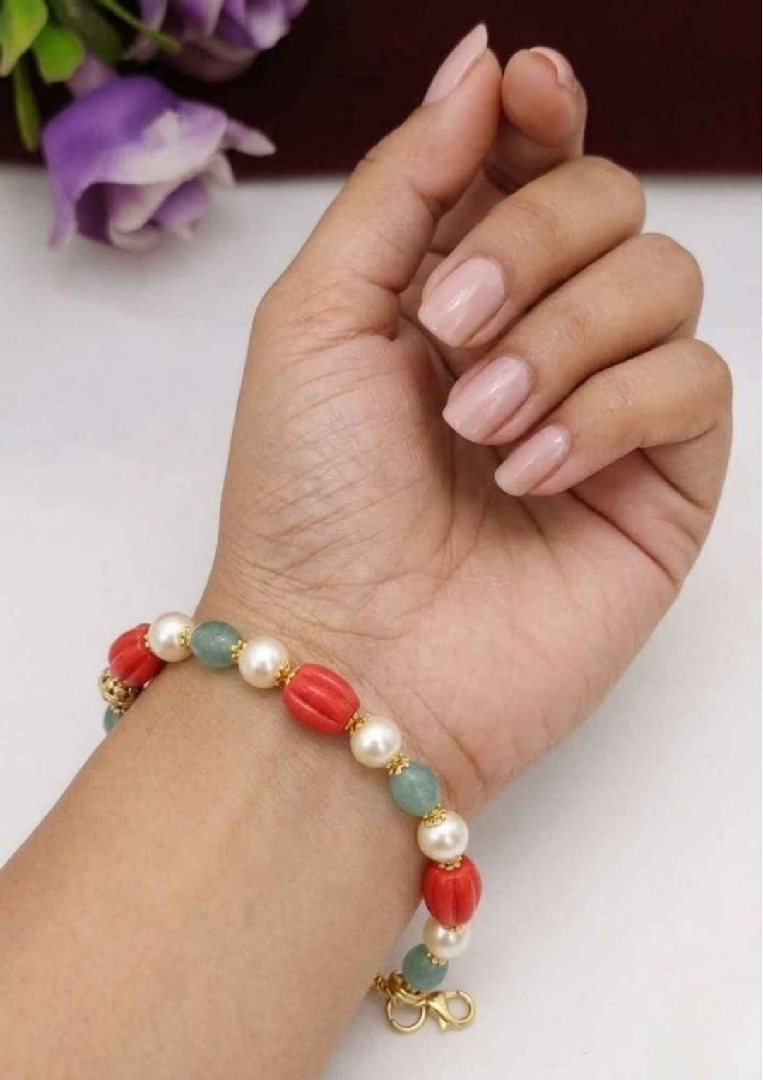 gold plated fluted red coral cultured pearl bracelet showing alternating green jade beads that give a graceful traditional and modern look for casual everyday wear with COD.