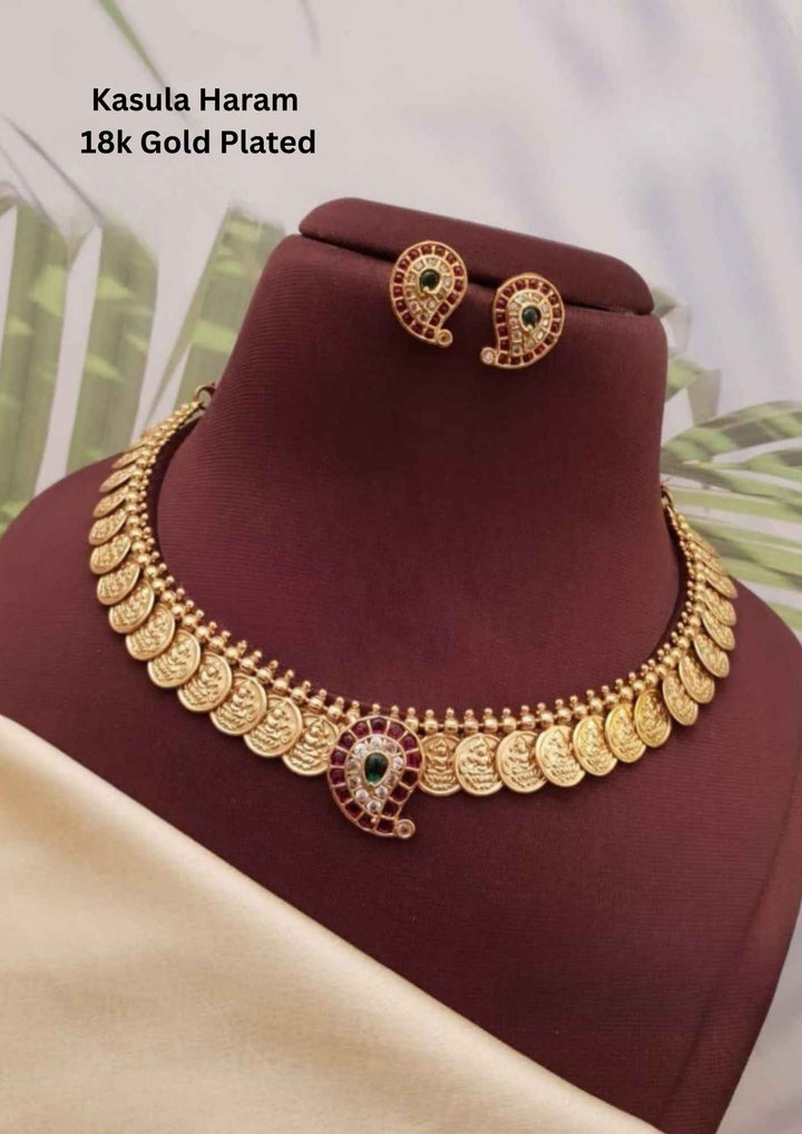 Kundan Gold Plated Kasula Temple Necklace with Earrings