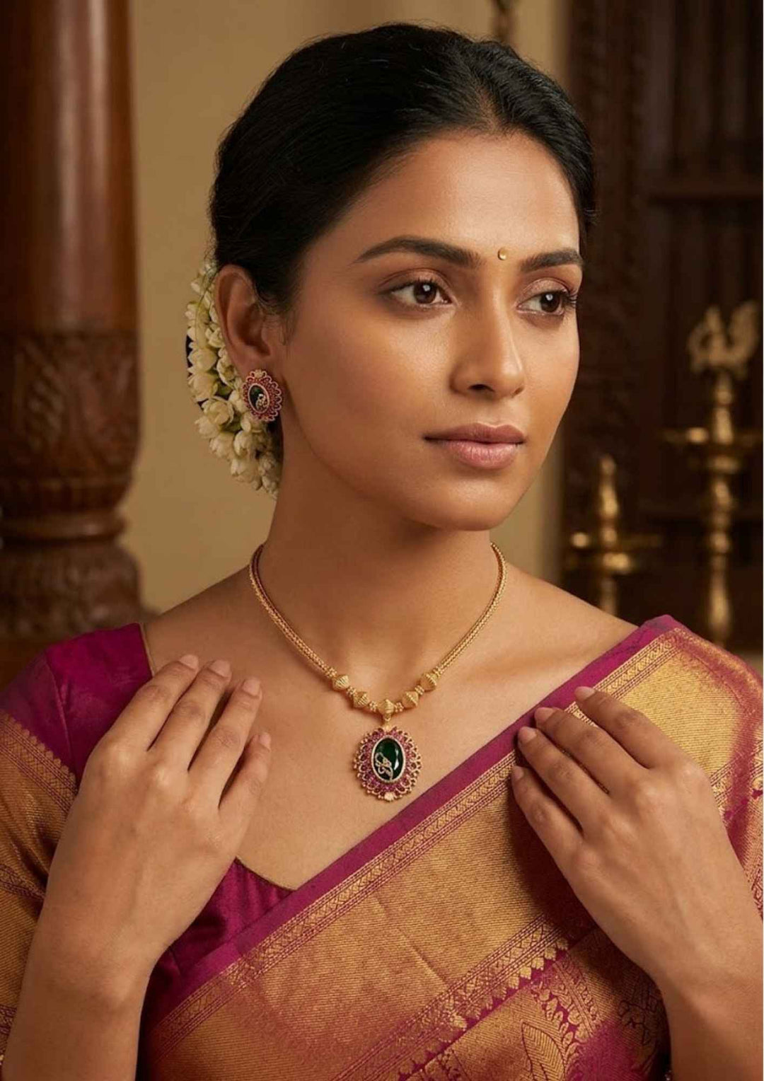 south indian woman wearing a lightweight 18K gold-plated ruby and emerald green pendant set with matching small stud earrings. This clean, minimal look is great for small family gatherings, temple visits, and dailywear.