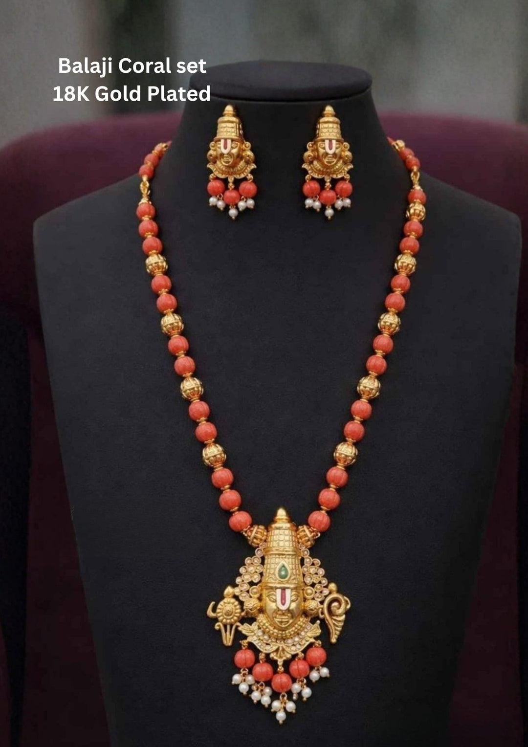 Kundan Gold Plated Temple Coral Beads Balaji Necklace With Earrings 
