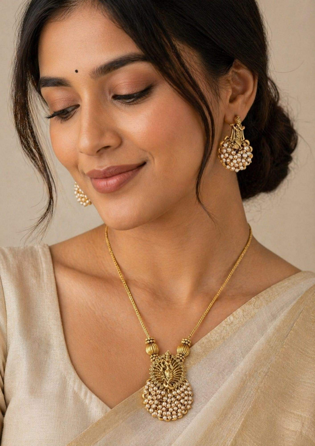 Woman wearing gold jewelry including a necklace and earrings