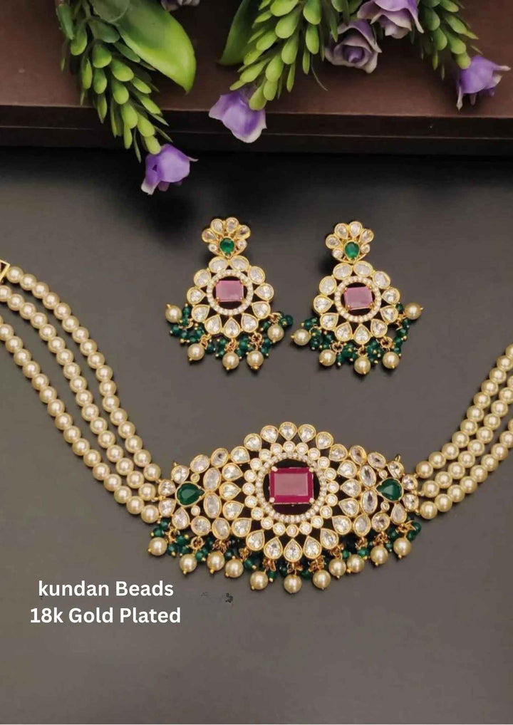 Kundan Gold Plated Beads Choker with Earrings 