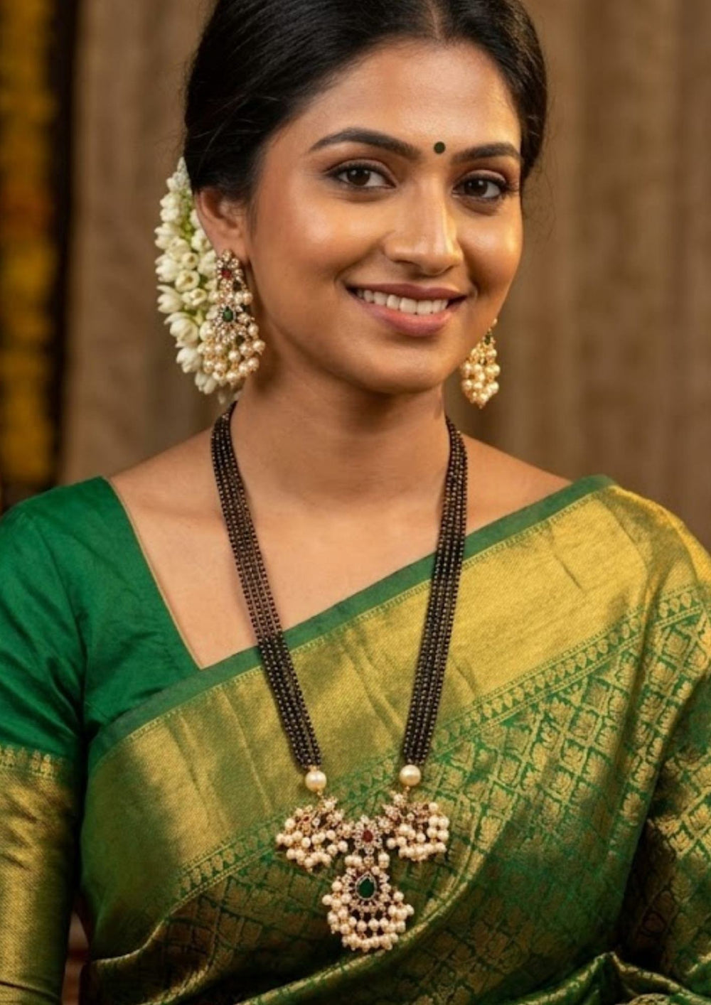 Kundan Gold Plated Beads Matt Mangalsutra with Earrings  Model Image
