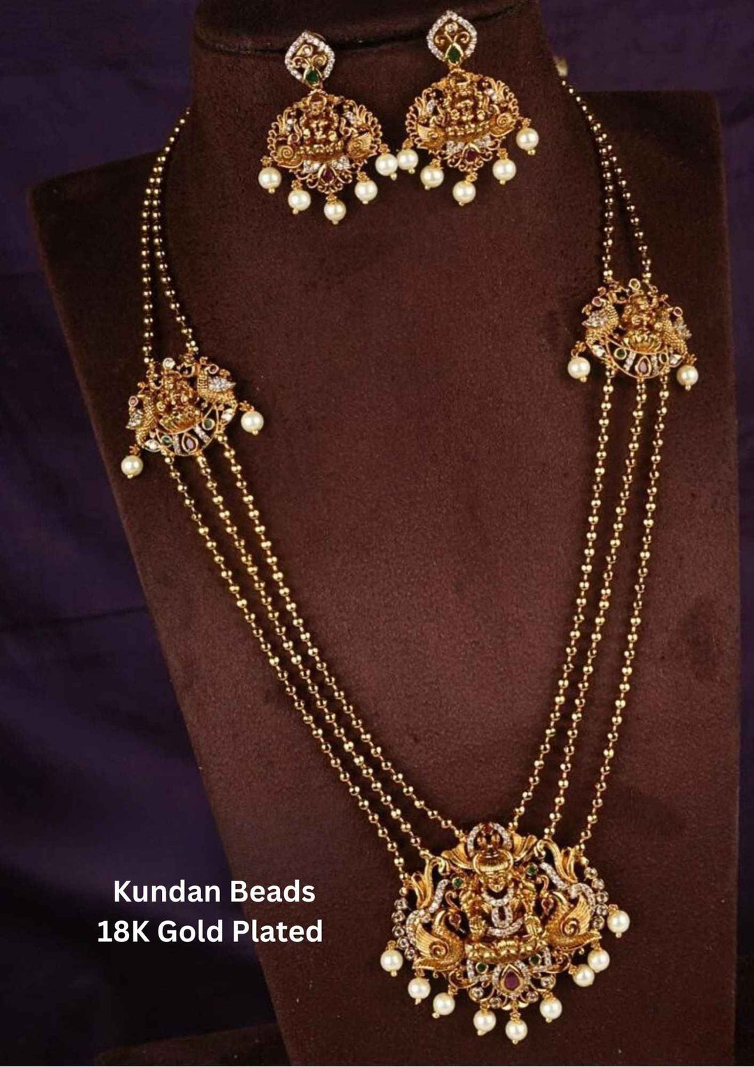 Kundan Gold Plated Beads Temple Jewelry Necklace With Earrings