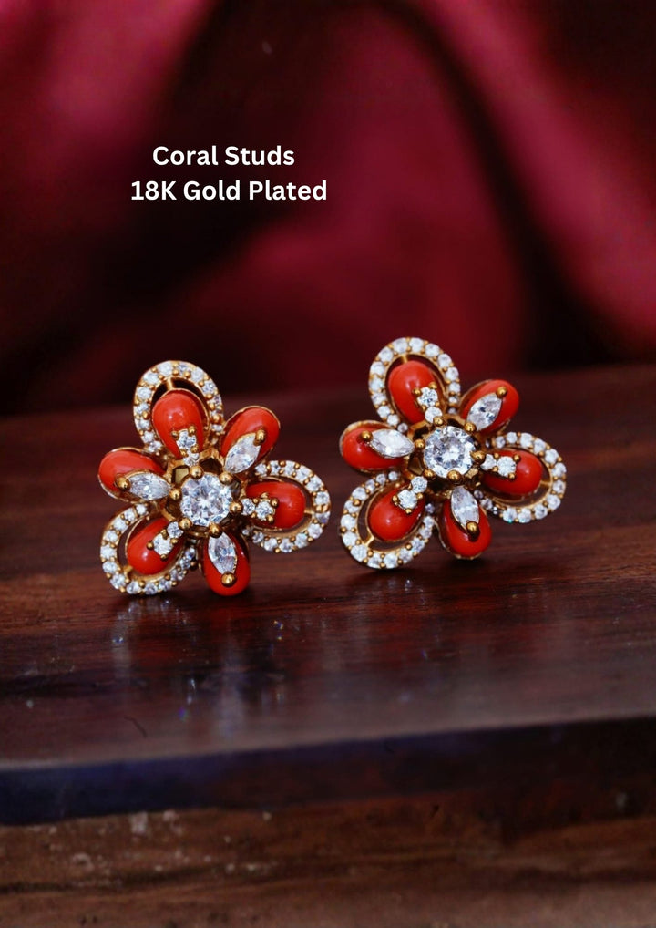 Kundan Gold Plated Coral Studs 