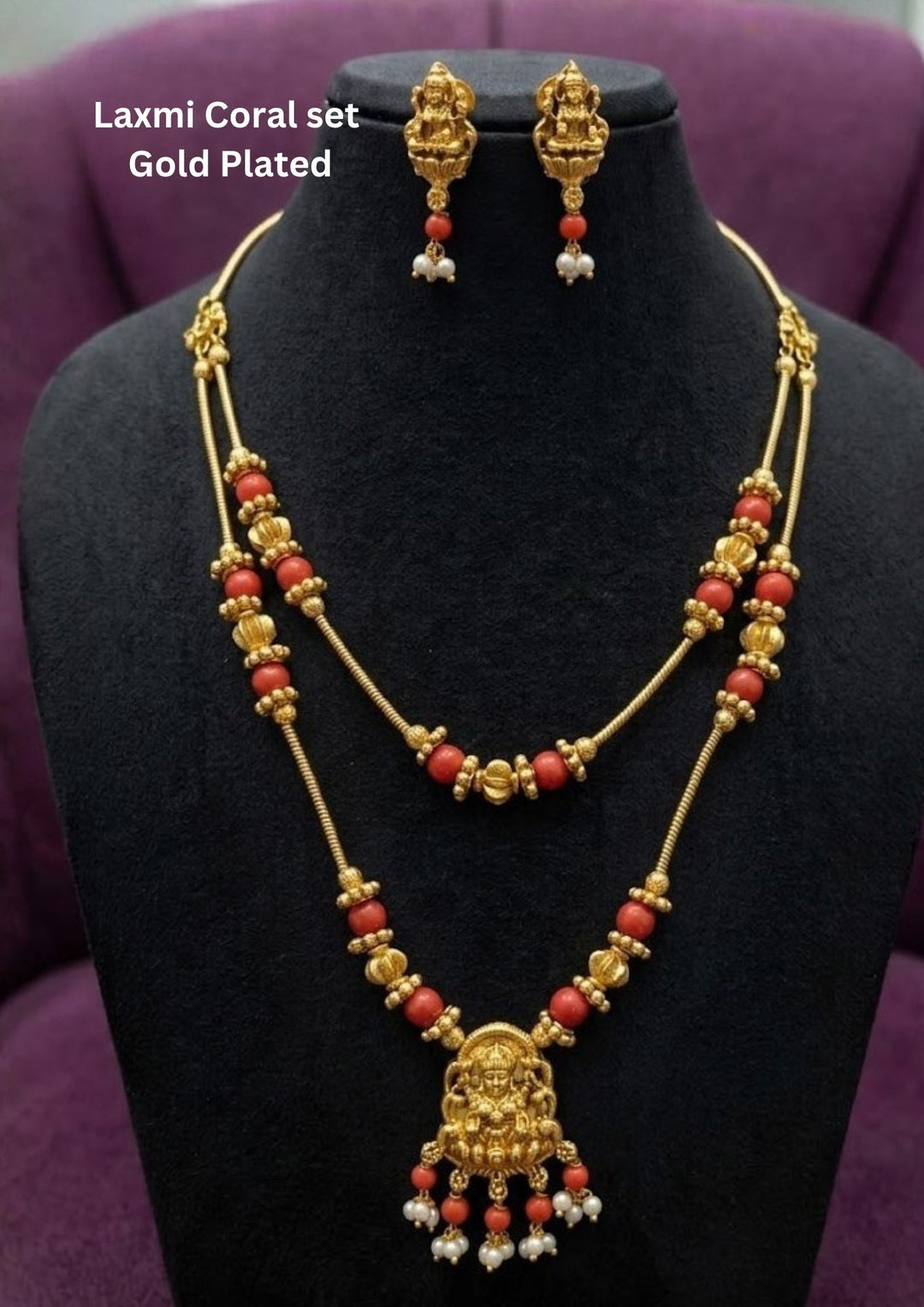 Kundan 18k Gold Plated Coral Beads Laxmi Devi Necklace with Earrings
