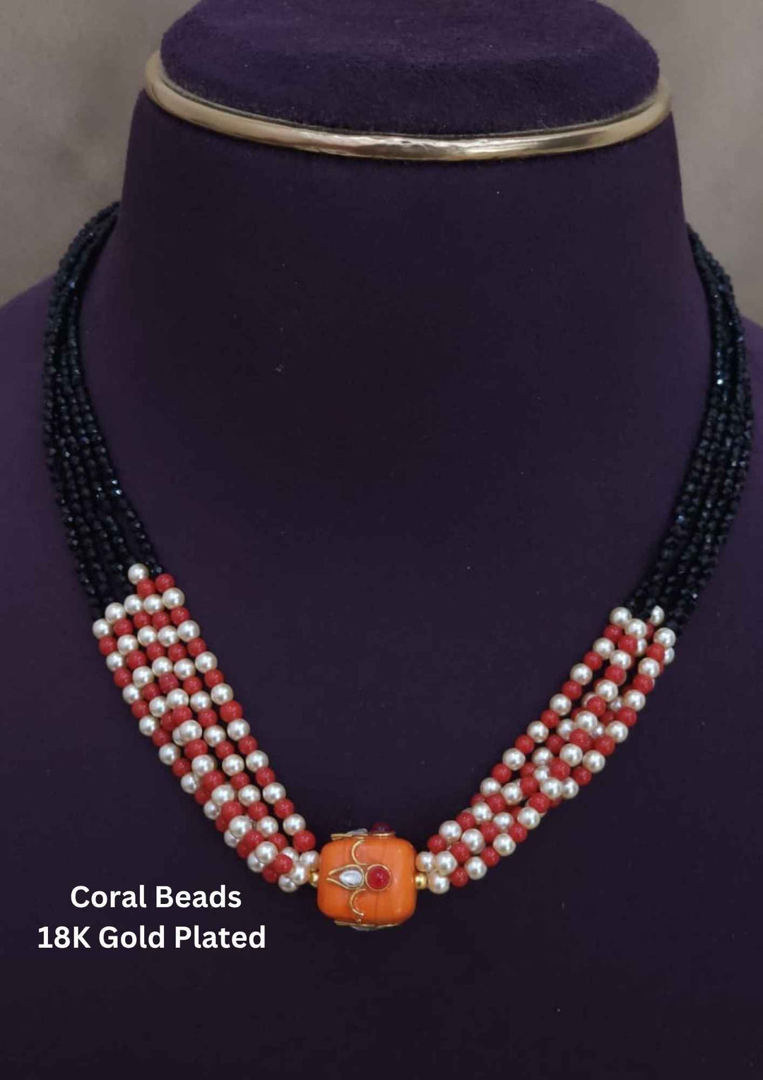Kundan Gold Plated Coral Black Beads Necklace 