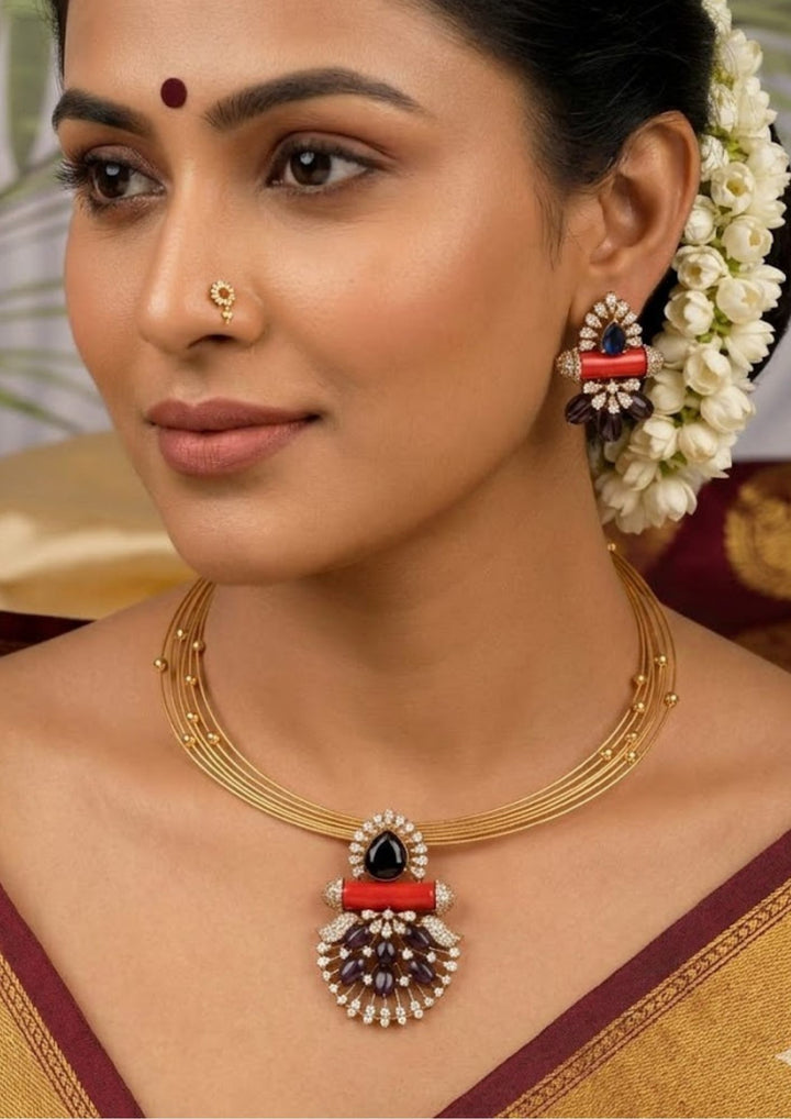 Kundan Gold Plated Detachable Pendant Necklace with Earrings Model Pic