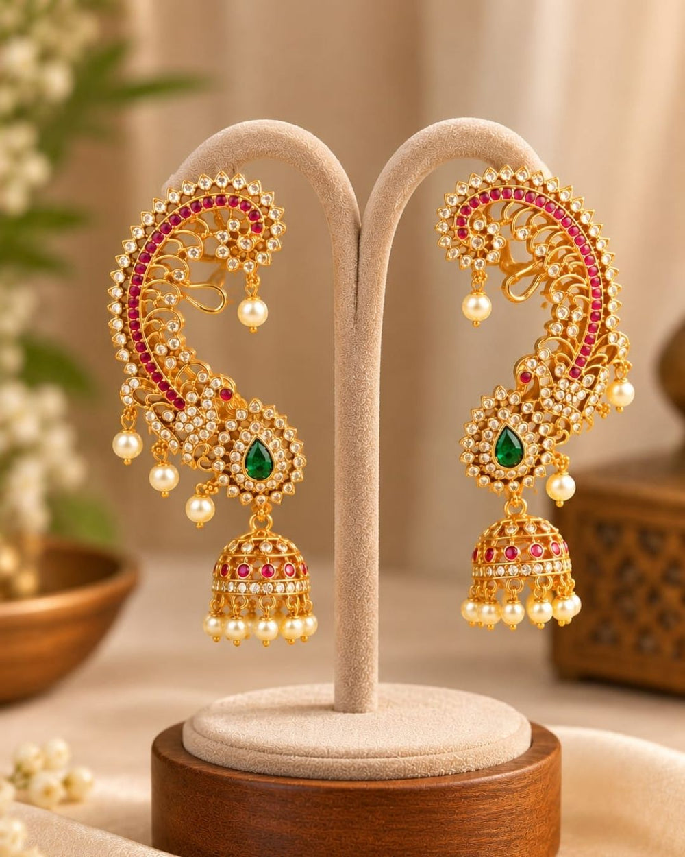 Elegant women's gold plated chandbali earrings with white stones, green teardrop gemstones, pink stone detailing, and pearl embellishments.