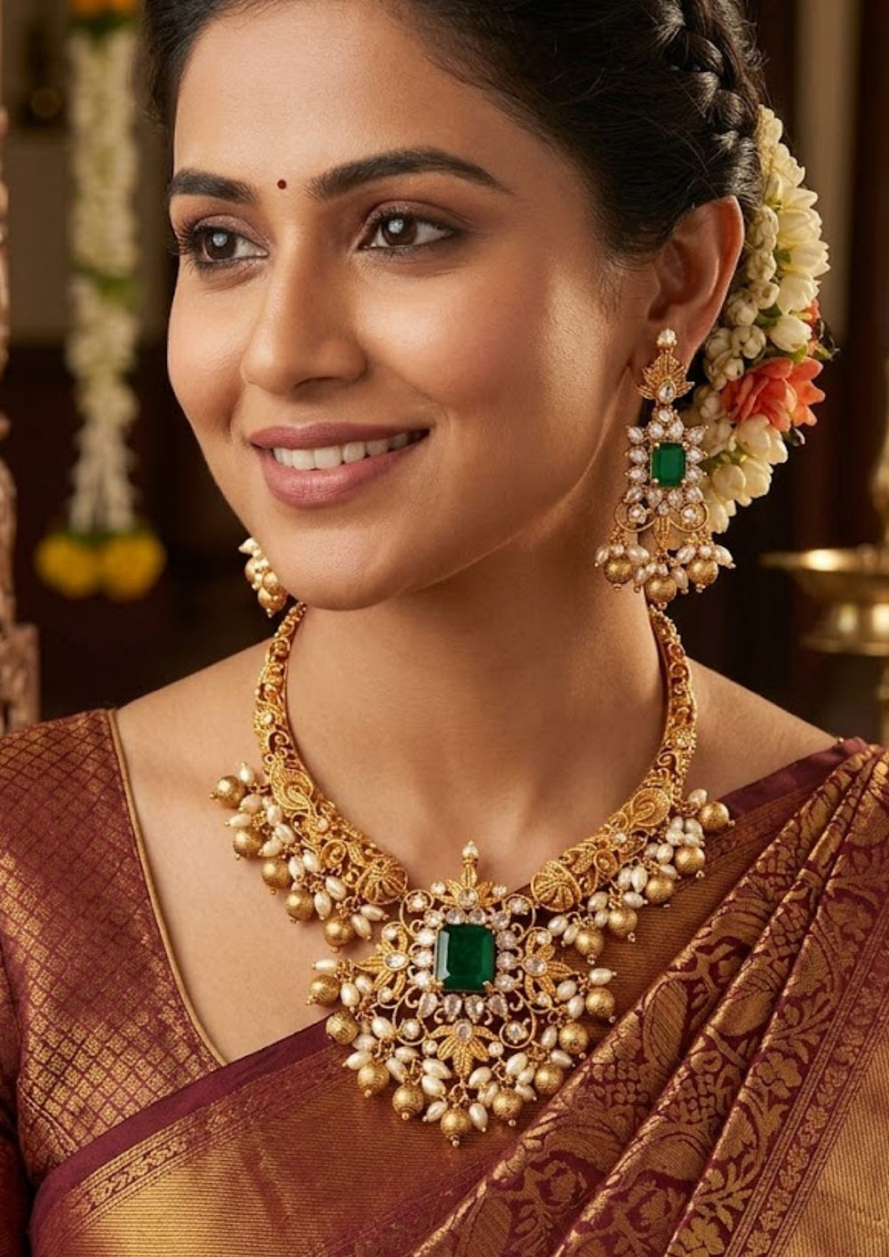 Kundan Gold Plated Emerald & Beads Necklace Set with Earrings  Model Pic