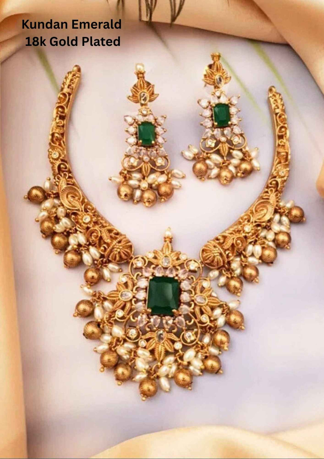 Kundan Gold Plated Emerald Necklace Set with Earrings 