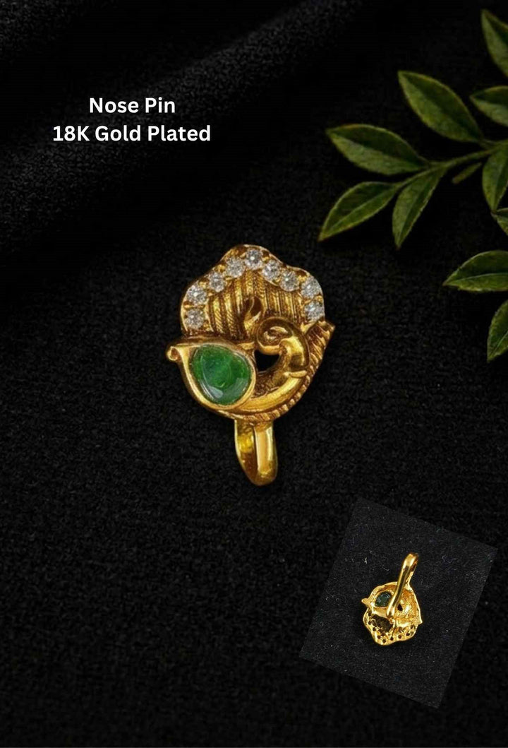 Kundan Gold Plated Emerald Nose Pin/ Nath (No Piercing Needed) 