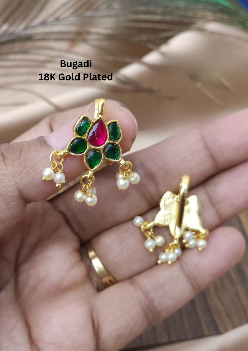 Kundan Gold Plated Emerald Pearl Accents Bugadi Earrings Model Pic