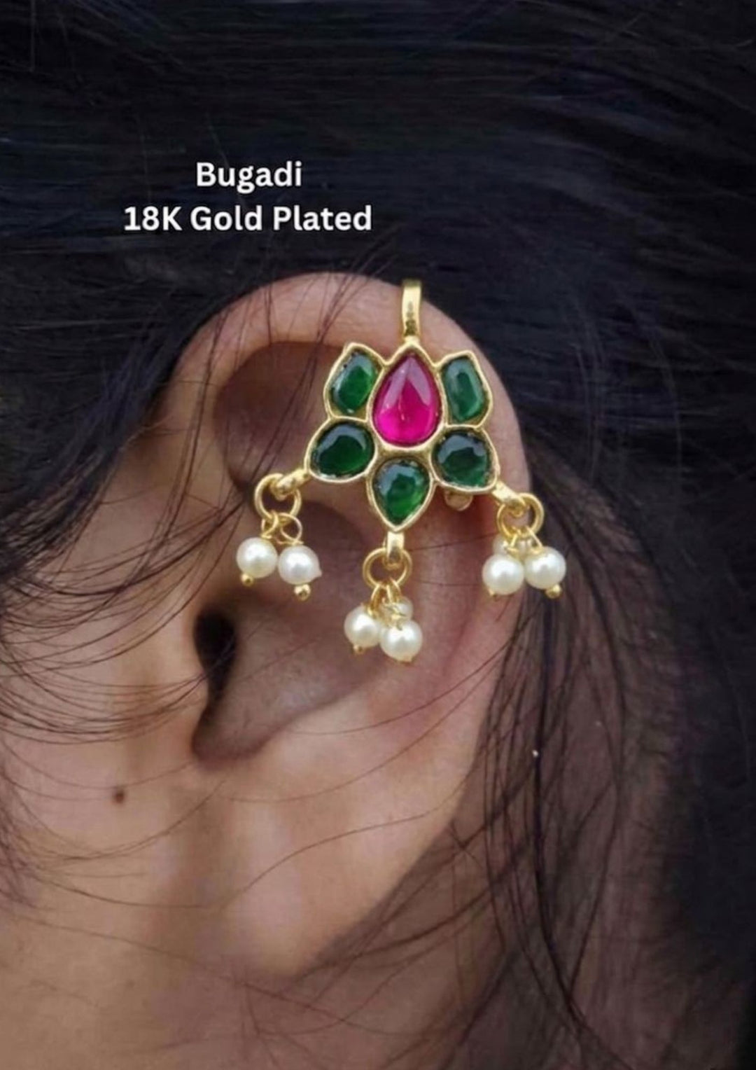 Kundan Gold Plated Emerald Pearl Accents Bugadi Earrings Model Pic