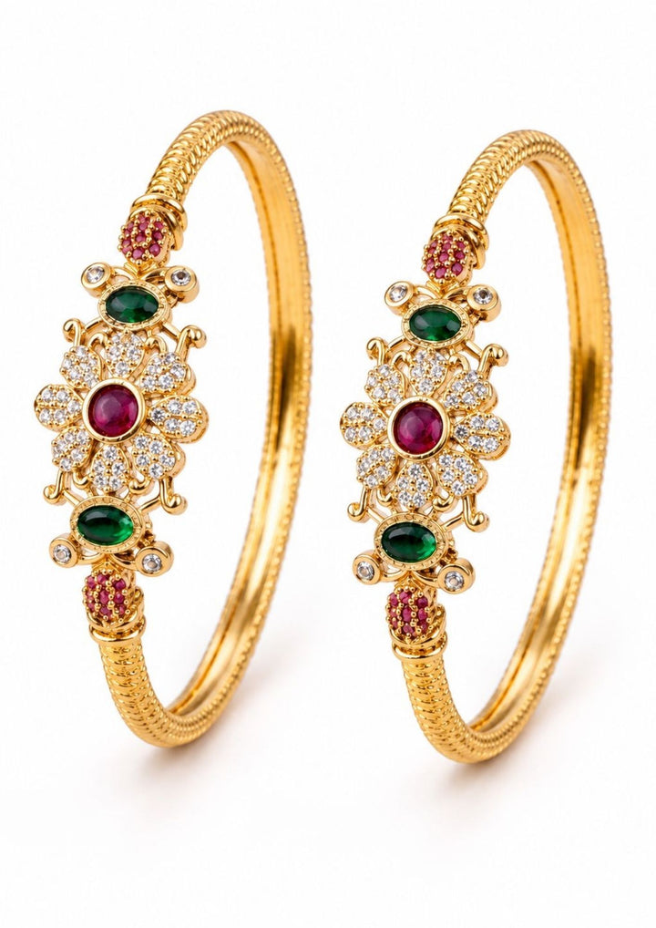 Jadau Kundan Gold Plated Flower Bangles designed with floral kundan stone work,  with kempu stones and traditional handcrafted bangle design, premium gold plated finish, lightweight structure, sweat proof coating, anti-fade colour protection, and skin-friendly wear suitable for weddings, festivals, pooja functions, bridal wear, and cultural celebrations.