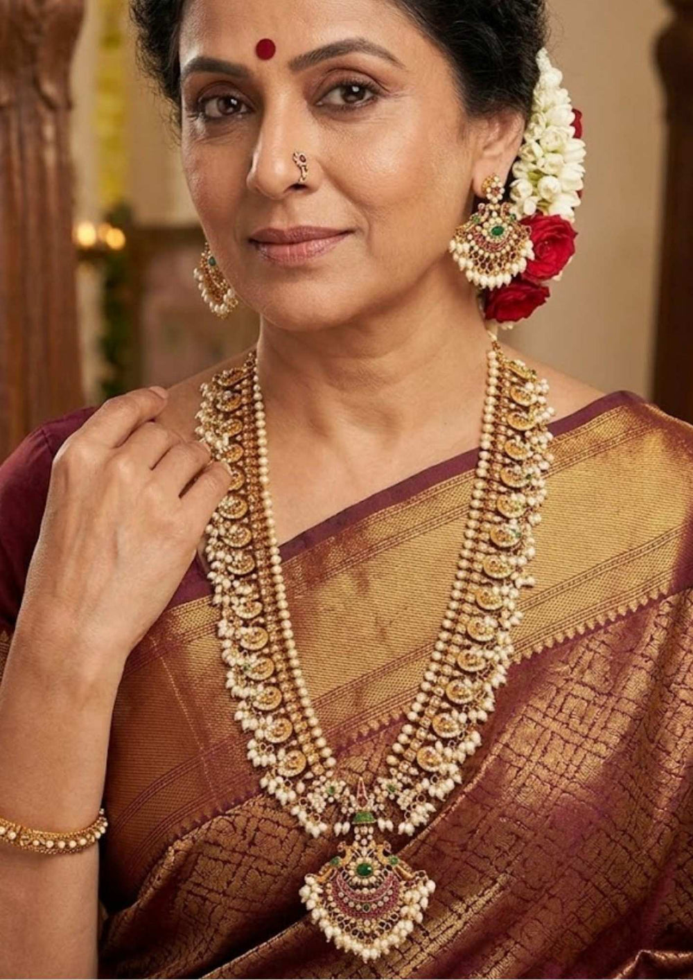 Kundan Gold Plated Guttapusalu Rice Beads Haram(Necklace) With Earrings Model Image