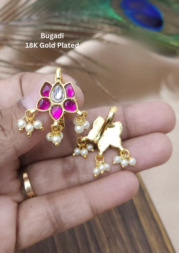 Kundan Gold Plated Kemp Pearl Accents Bugadi Earrings 
