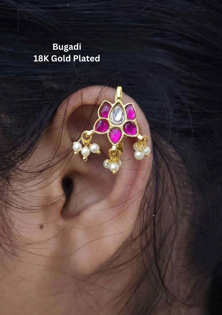 Kundan Gold Plated Kemp Pearl Accents Bugadi Earrings Model Pic