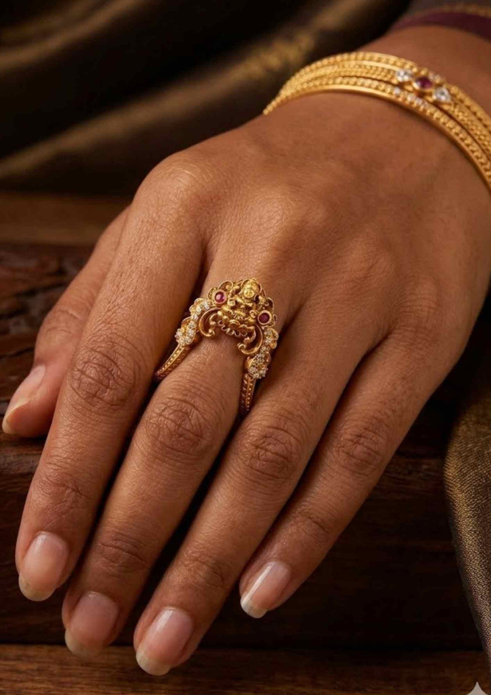 Kundan Gold Plated Lakshmi Devi Temple Adjustable Vanki Finger Ring 