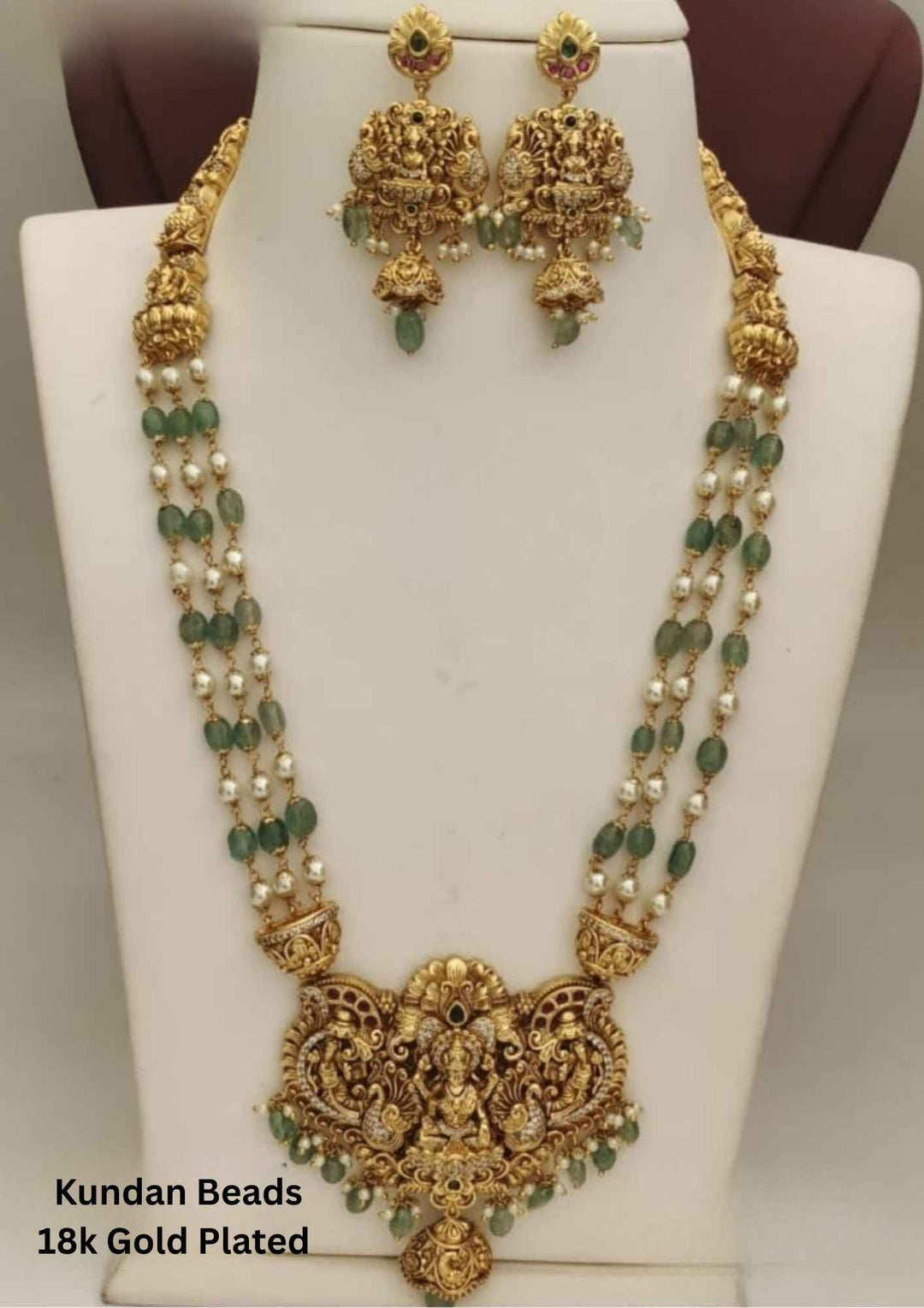 Kundan Gold Plated Lakshmi Temple Bead Necklace With Earrings