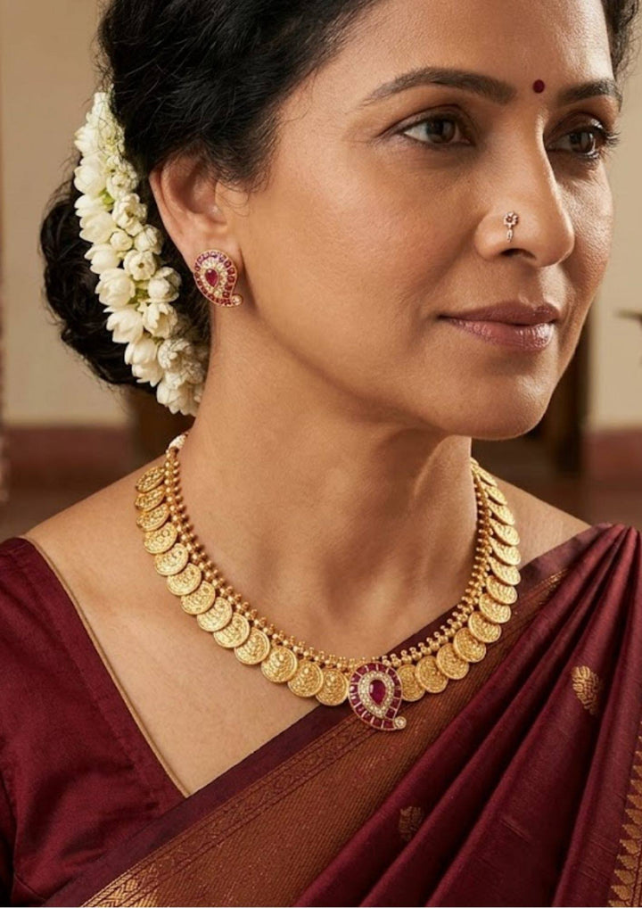 Kundan Gold Plated Laxmi Devi Temple Kasulaperu Necklace with Earrings 