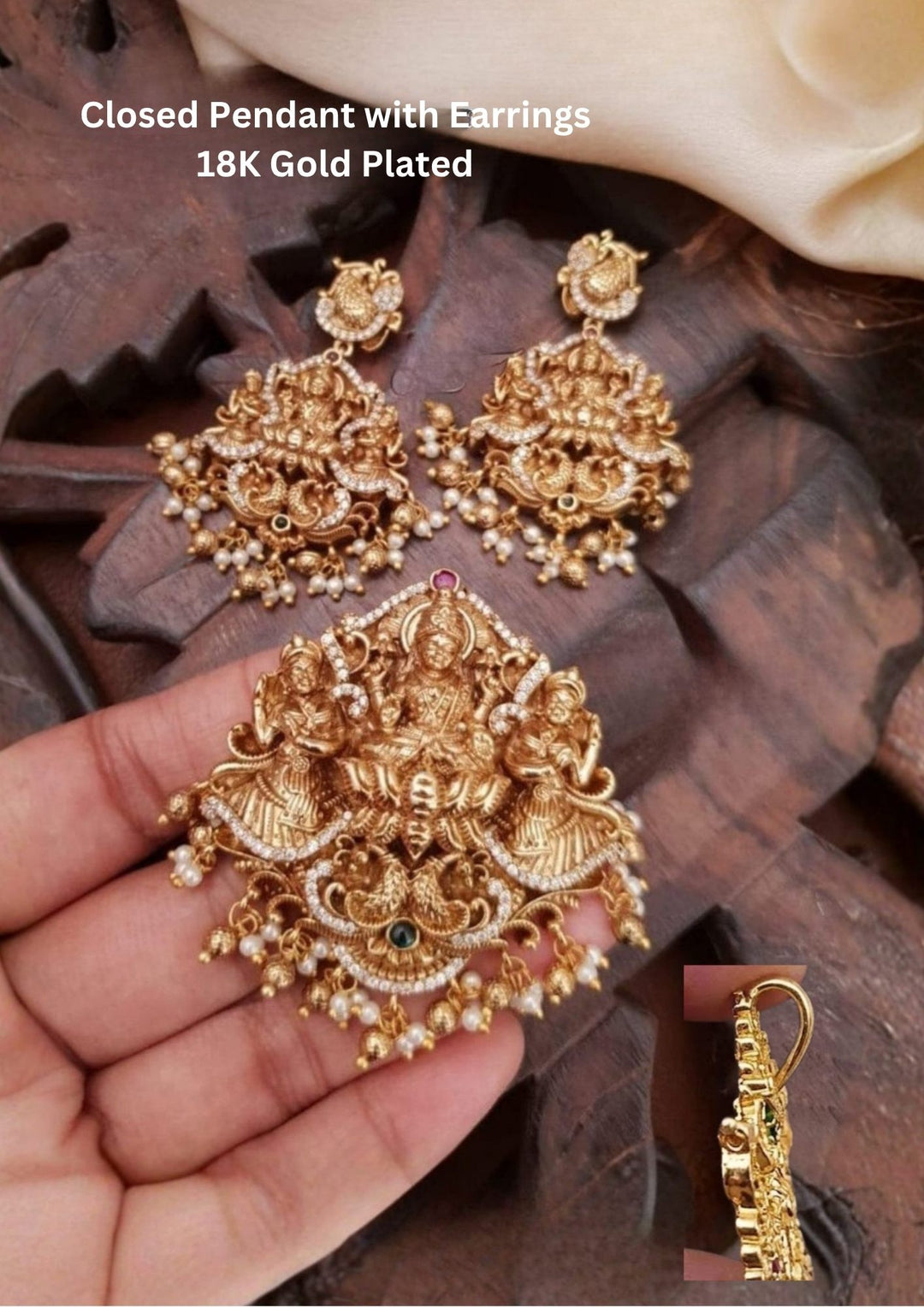 Kundan Gold Plated Laxmi Devi Temple Closed Hook Pendant With Earrings 