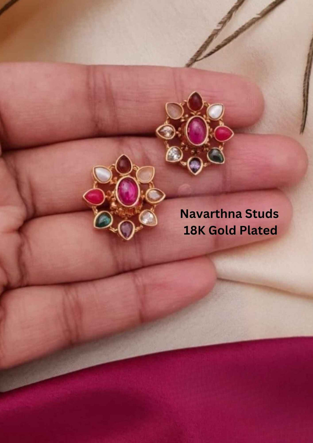 Kundan Gold Plated Navarthna Studs